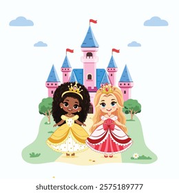 Cute little princesses with beautiful eyes and golden crown stands in front of the castle. Poster, Banner, Flyer, Greeting Card. Vector illustration in flat drawn cartoon style