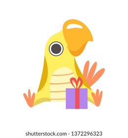 Cute Little Psittacosaurus Dino with Gift Box, Adorable Baby Dinosaur Character Vector Illustration