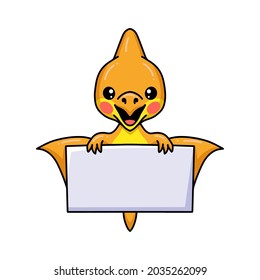 Cute little pterodactyl dinosaur cartoon with blank sign