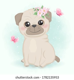 Cute little pug and butterfly hand drawn cartoon watercolor illustration