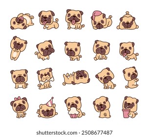 Cute little pug. Cartoon animal character. Hand drawn style. Vector drawing. Collection of design elements.