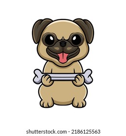 Cute little pug dog cartoon holding a bone