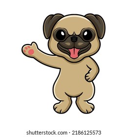 Cute little pug dog cartoon waving hand