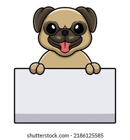 Cute little pug dog cartoon holding blank sign