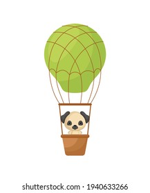 Cute little pug dog fly on green hot air balloon. Cartoon character for childrens book, album, baby shower, greeting card, party invitation, house interior. Vector stock illustration.