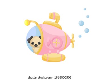 Cute little pug dog sail on pink submarine. Cartoon character for childrens book, album, baby shower, greeting card, party invitation, house interior. Vector stock illustration.