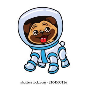 Cute little pug dressed in space suit, astronaut dog. Isolated vector illustration on white background.