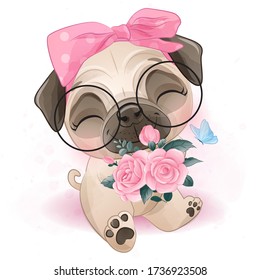 Cute little pug holding a roses