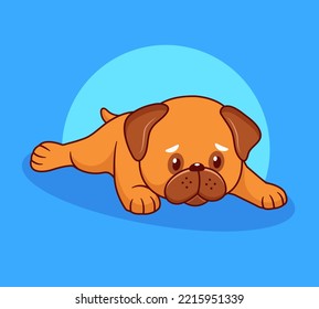 Cute little pug sad. Attractive dog on blue background. Pug breed making sad and serious face 