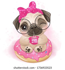 Cute little pug sitting in the donut