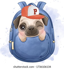 Cute little pug sitting inside the bag