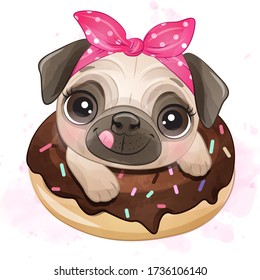 Cute little pug sitting inside the donut