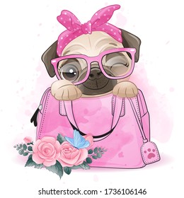 Cute little pug sitting inside the bag