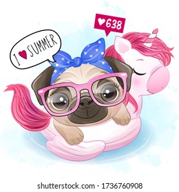 Cute little pug swimming with unicorn float