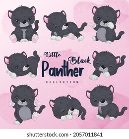 Cute little puma clipart collection in watercolor illustration	
