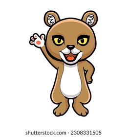 Cute little puma cougar cartoon waving hand