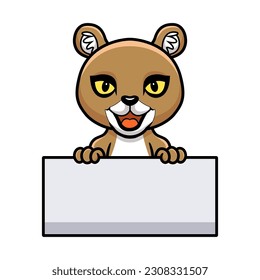 Cute little puma cougar cartoon holding blank sign