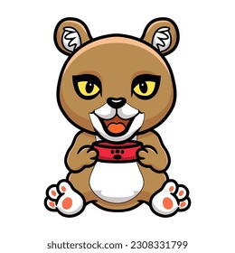 Cute little puma cougar cartoon holding food bowl