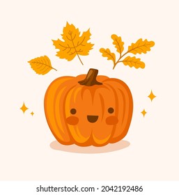 Cute little pumpkin flat vector illustration. Funny kawaii orange gourd, squash. Isolated hand-drawn cartoon character. Illustration for kids, childish print.