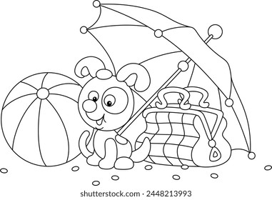 Cute little pup with black spots and a striped umbrella, a beach ball and a small suitcase for funny performances of a circus clown, black and white vector cartoon illustration for a coloring book