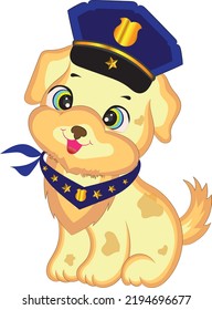 Cute little puppy with blue police cap.Cartoon style hand drawn vector illustration.