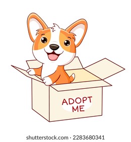 Cute little puppy in box. Inscription Adopt me. Help homeless animals find a home. Animal care, adoption concept. Adopt a Friend. Vector illustration EPS8 