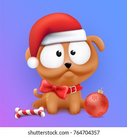 Cute Little Puppy Character Sitting in Wait of 2018 Chinese New Year and Christmas. Color Dog in hat with lollipop vector illustration on gradient background. 