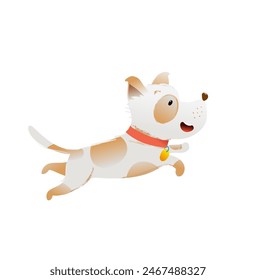 Perrito lindo que corre y que salta, cachorro alegre feliz. Adorable animal doméstico, diseño de personaje juguetón para niños. Ilustración de dibujos animados de arte de Clip de Vector dibujado a mano en estilo acuarela.