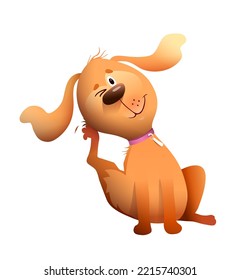 Cute little puppy dog scratching himself, funny pup illustration for children. Vector baby animal graphics.