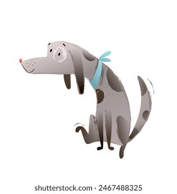 Perrito lindo sentado y rascando, se ve curioso. Divertido animal doméstico, juguetón perro amigo personaje de diseño para los niños. Ilustración de dibujos animados de arte de Clip de Vector dibujado a mano para niños.