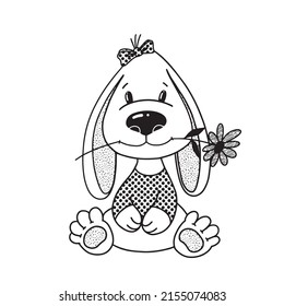 adorable cachorro con flor, ilustración vectorial, encantador clipart con personaje de dibujos animados bueno para diseño de tarjetas e impresos