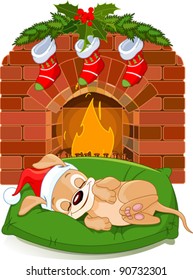 Cute little puppy with Santa?s Hat sleeping near fireplace