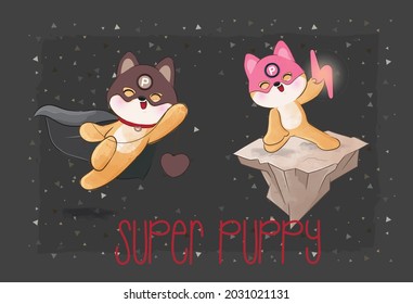 Cute little puppy heroes team illustration for kids: can be used for cards, invitations, baby shower, posters; with white isolated background
