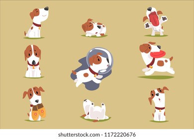 Cute little puppy in his evereday activity set, dogs daily routine funny colorful character