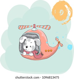 Cute little puppy on a helicopter cartoon hand drawn vector illustration.