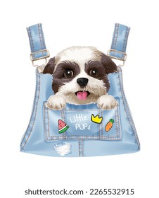 cute little puppy in overall denim chest pocket vector illustration