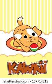 Cute little puppy playing with a ball. Japan style. Kawaii.