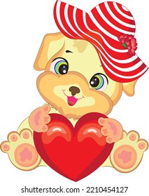 Cute little puppy with a red heart.Cartoon style hand drawn vector illustration.New year, Birthday, Valentine and Anniversary concept.