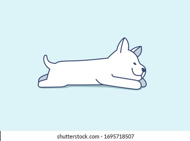 Cute little puppy of Siberian Husky lying, sleeping. Adorable nice small dog on light blue color.