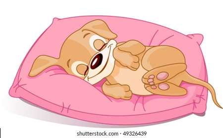 Cute little puppy sleeping on the pink pillow