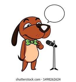 Cute little puppy tidy up bow ties because nervous about giving speech, with empty balloon text, vintage style cartoon Vector
