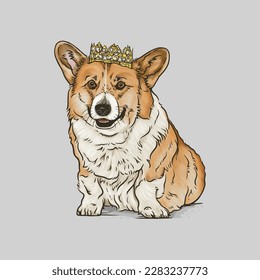 Cute little puppy wearing golden crown, hand drawn vector illustration