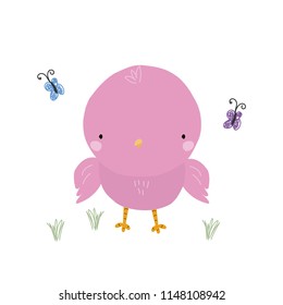 Cute little purple bird with butterflies. Vector hand drawn illustration.