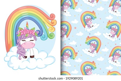 Cute little purple magical unicorn with rainbow and cloud. pattern with cute unicorns.