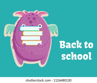 Cute little purple monster is ready to back to school with a books. Vector illustration.