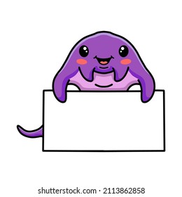 Cute little purple stingray cartoon with blank sign