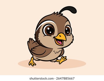 cute little quail with big eyes running and smiling happy