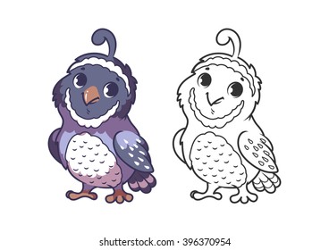 Cute little quail. Cartoon vector character isolated on a white background with black outline.
