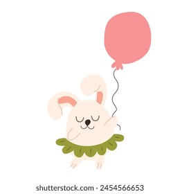 Cute little rabbit with balloon. Vector illustration in cartoon style.