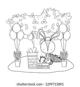cute little rabbit with balloons helium in the landscape